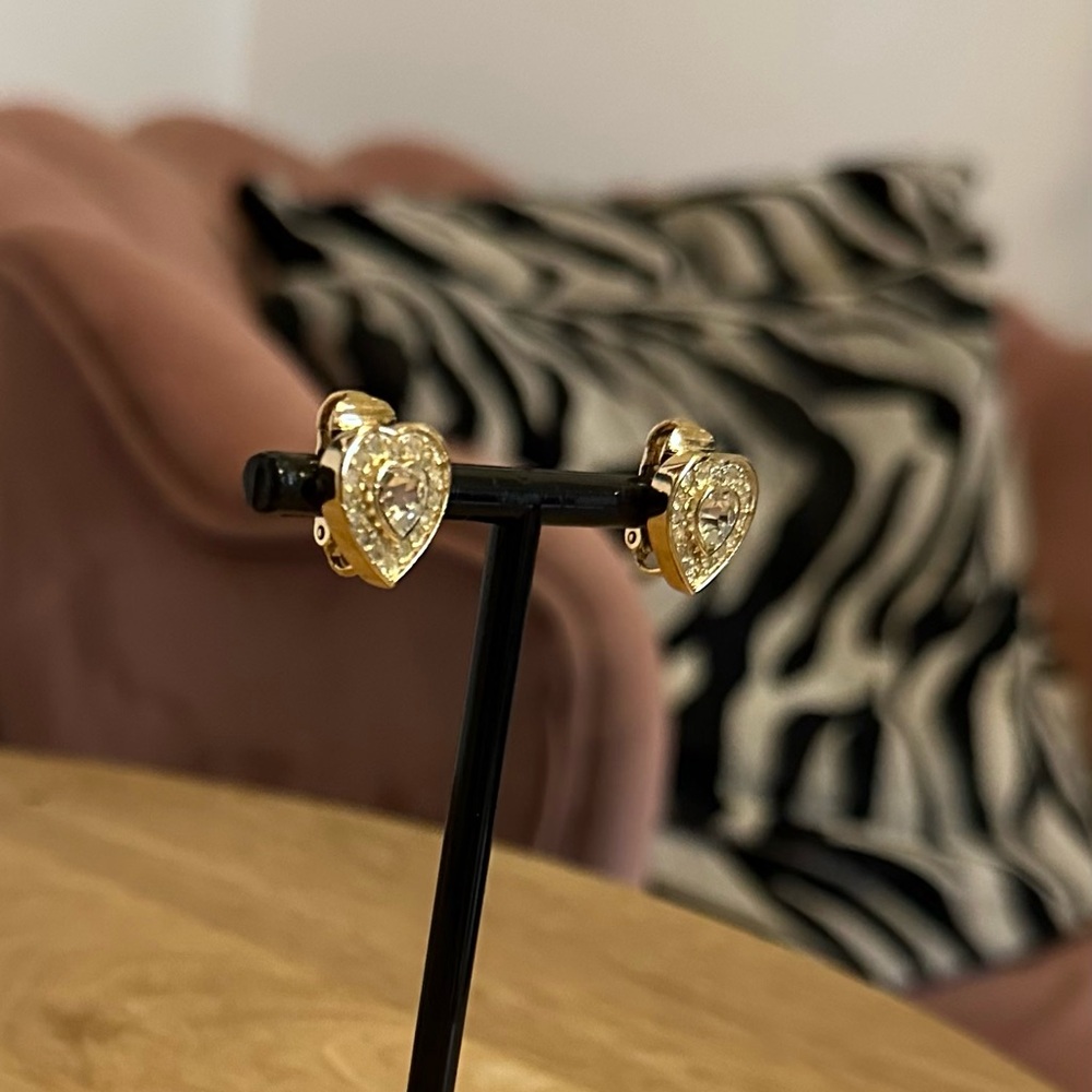 Dior Gold Plated Heart Crystal Stud Earrings - Picture 4 of 7